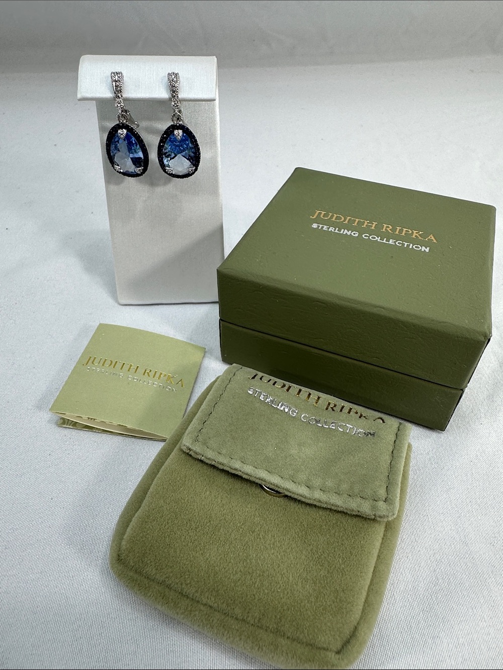 New Judith Ripka Capri Sterling Silver Pear Blue Crystal Lever Back CZ Earrings